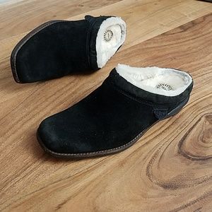 UGG Black Suede Mules with Cream Lining